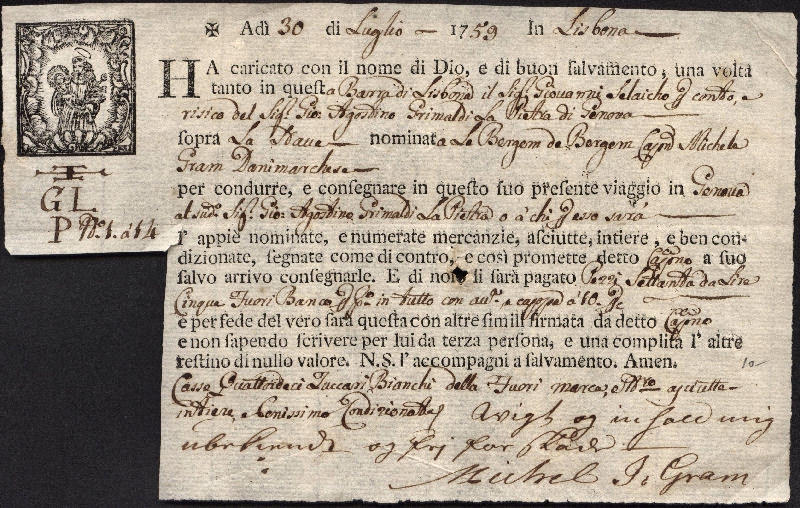 1759 30 Luglio da Lisbona a Genova, con gilda della corporazione e logo religioso