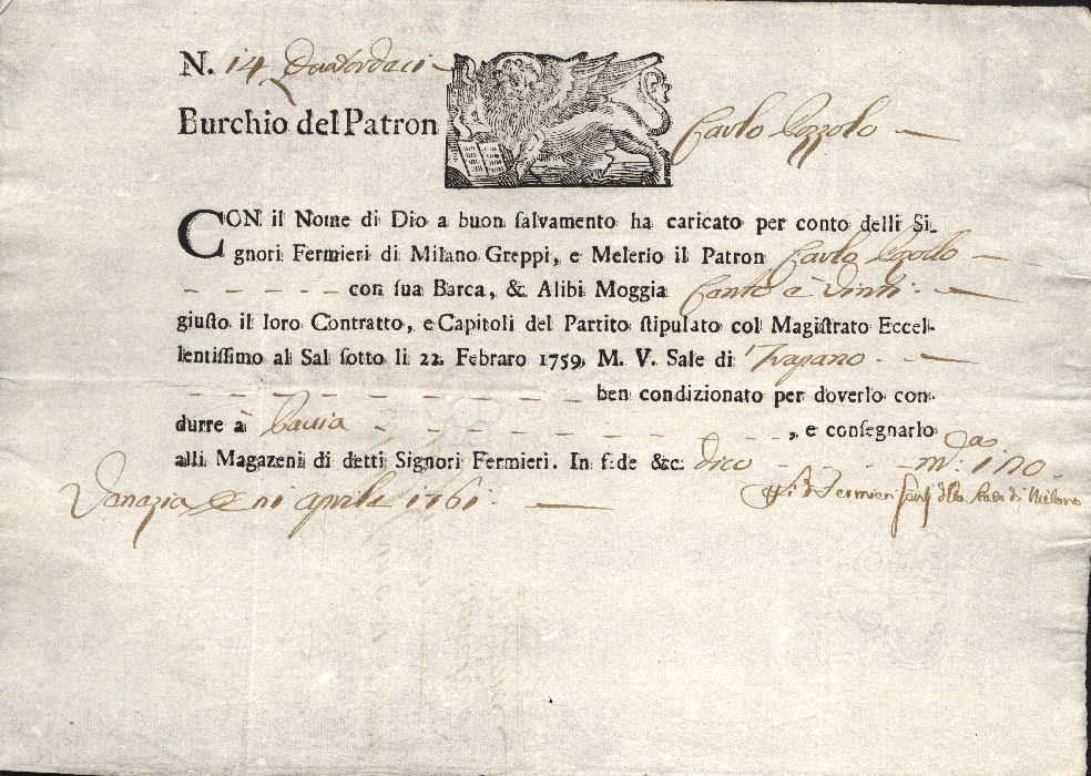 1761 11 Aprile da Venezia a Cauia, splendido logo del leone San Marco
