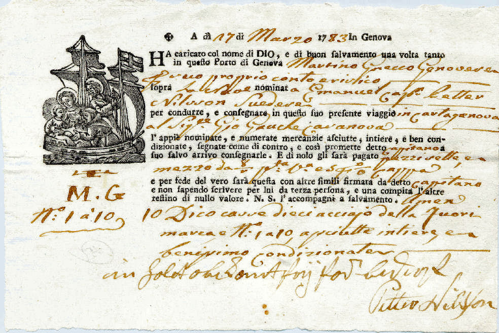 1783 10 marzo da Genova a Cartagena con gilda della corporazione e logo religioso
