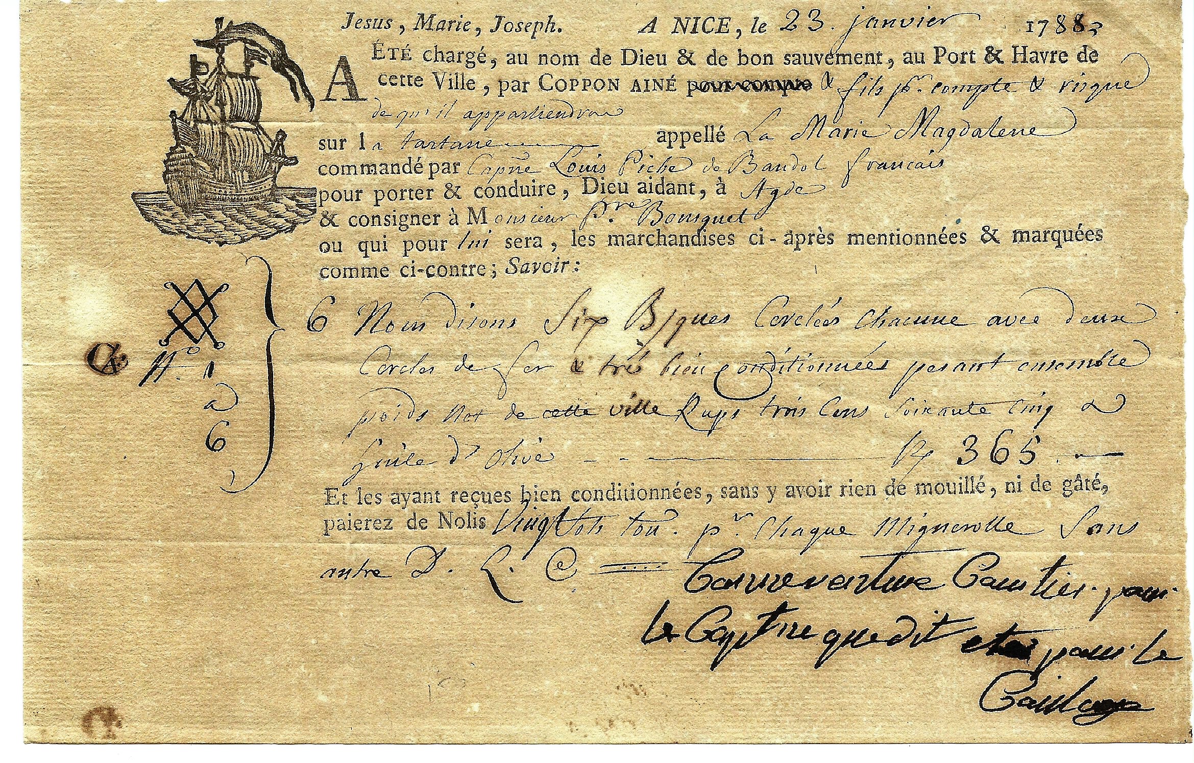 1788 23 Gennaio da Nice a Agde, con gilda della corporazione.