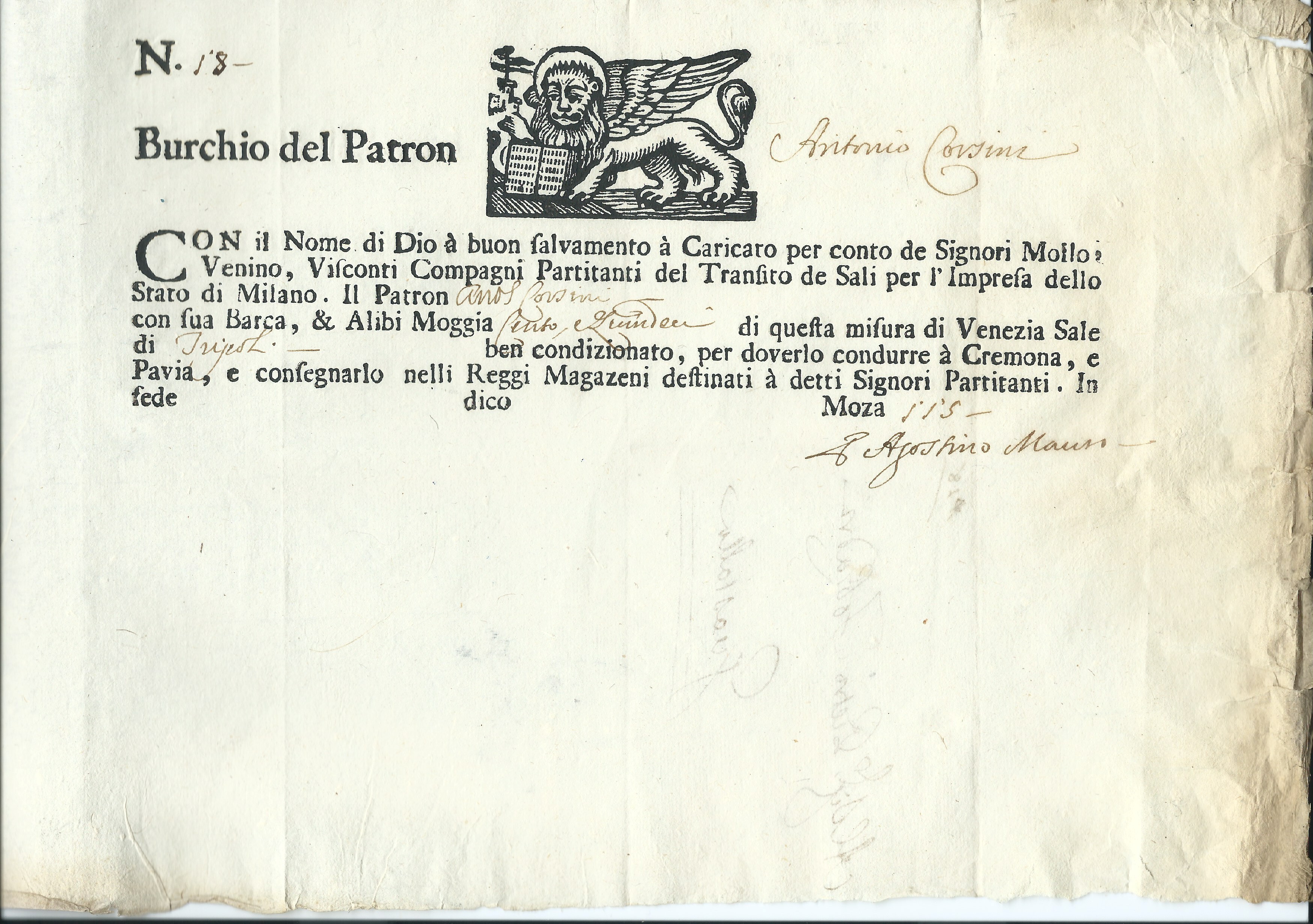 1790 11 Maggio, da Venezia Cremona e Pavia, splendido logo del logo del leone di San Marco,