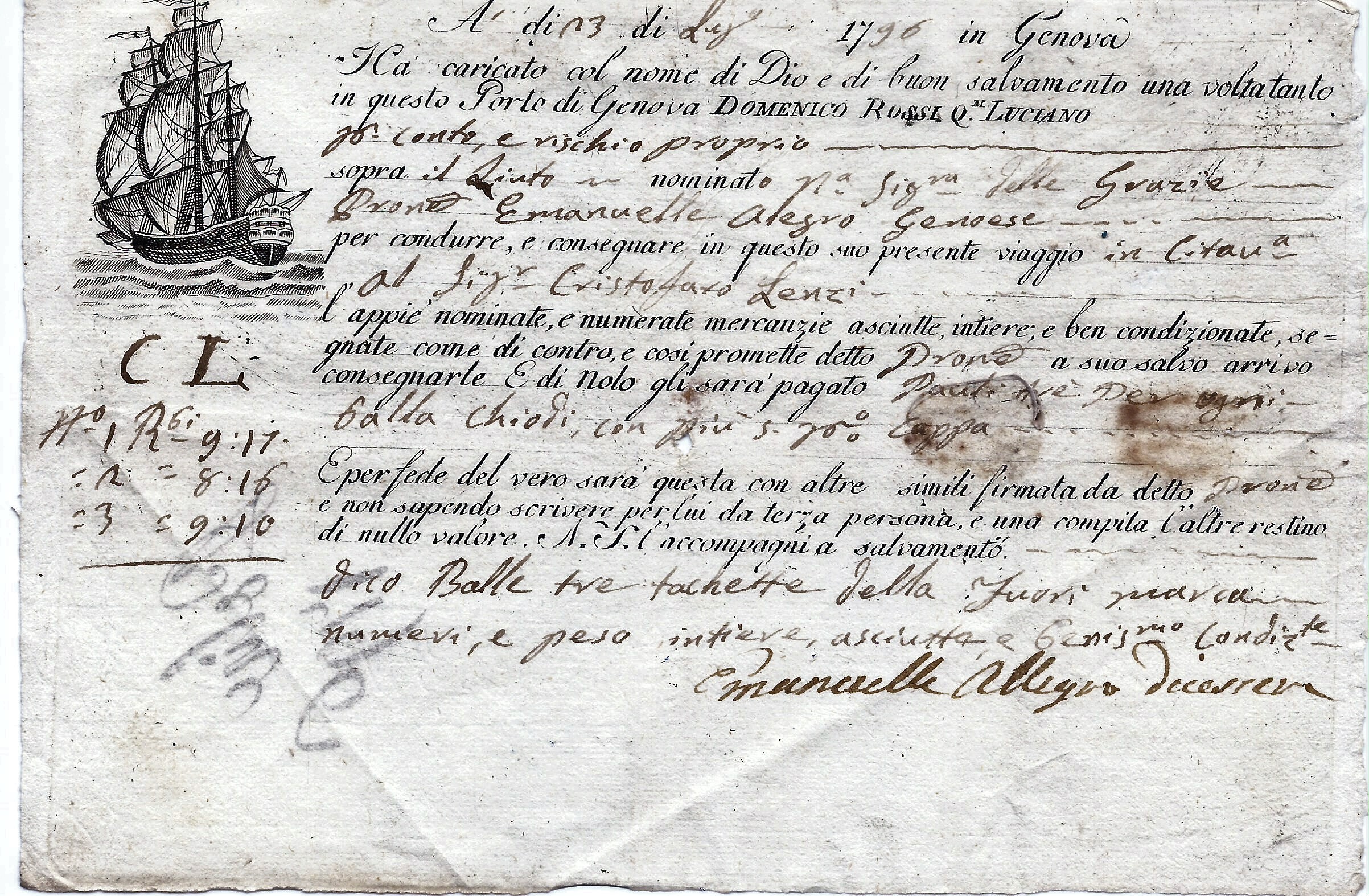 1796 23 Luglio da Genova a Catania, carta filigranata.