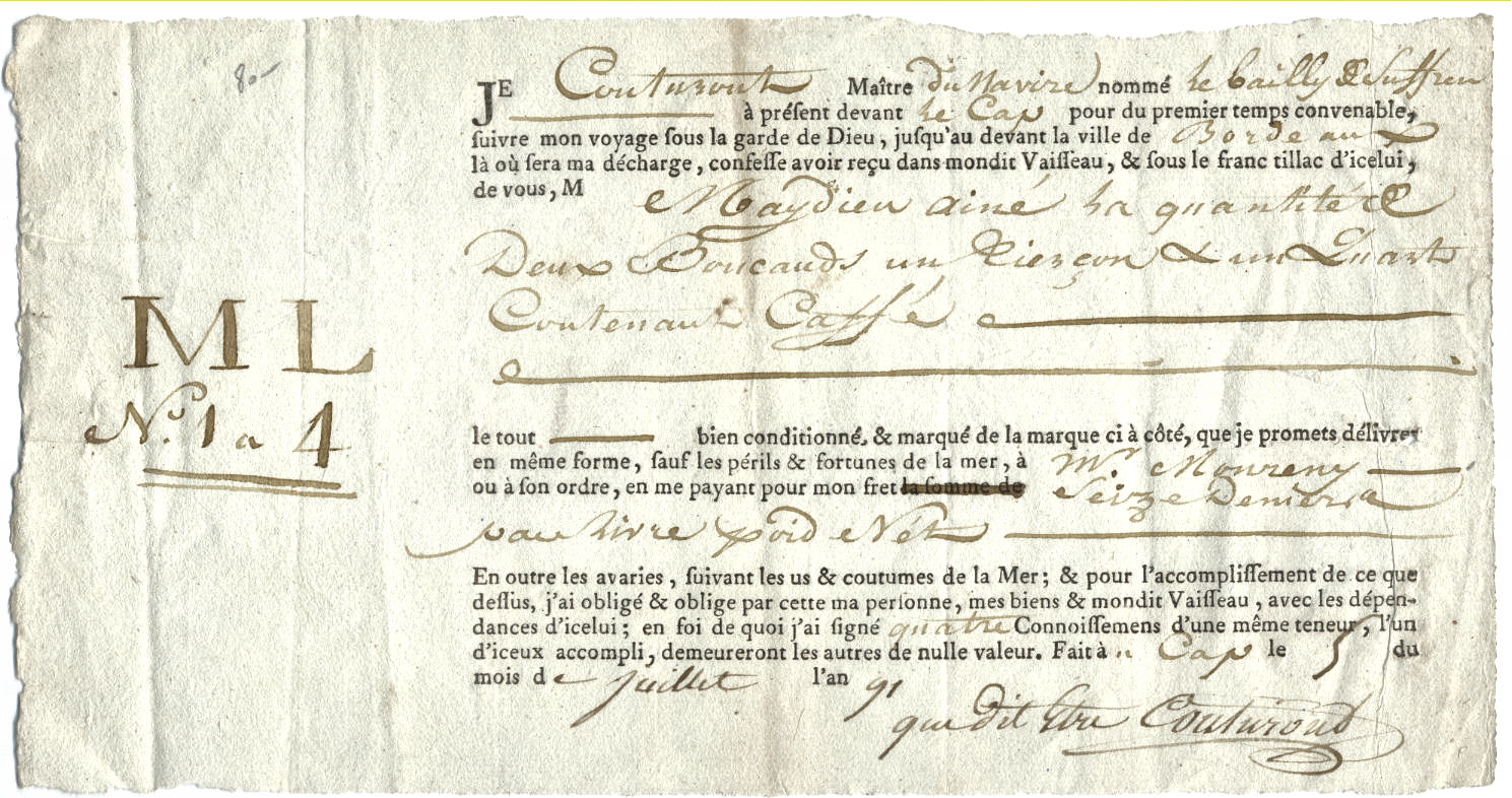 1796 5 Luglio da da Cap a Bordeaux, priva di logo solo le iniziali.